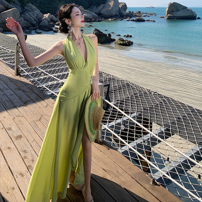 2025 Sexy Deep V-Neck Halter Neck Dress Women's Summer Dopamine Seaside Vacation Split Beach Dress