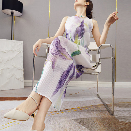 2025 Fashion high-end pleated skirt summer women's new long sleeveless printed straight versatile retro dress