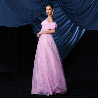 2025 short-sleeved temperament one-word collar sexy chest wrap long mesh banquet evening dress bridesmaid dress dress