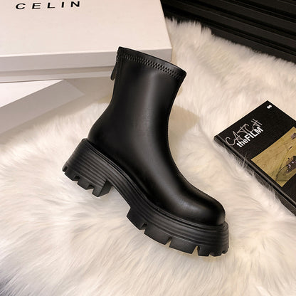 2025 High-heeled short boots for women's popular winter new versatile thick-soled heightening elastic thin boots round-toed Martin boots for women