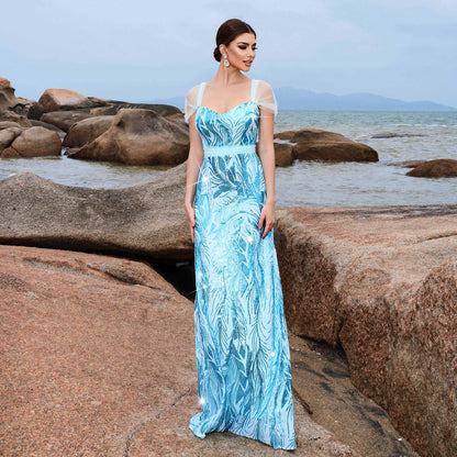 2025 sleeveless temperament square collar sexy slim long sequined banquet evening dress bridesmaid dress women
