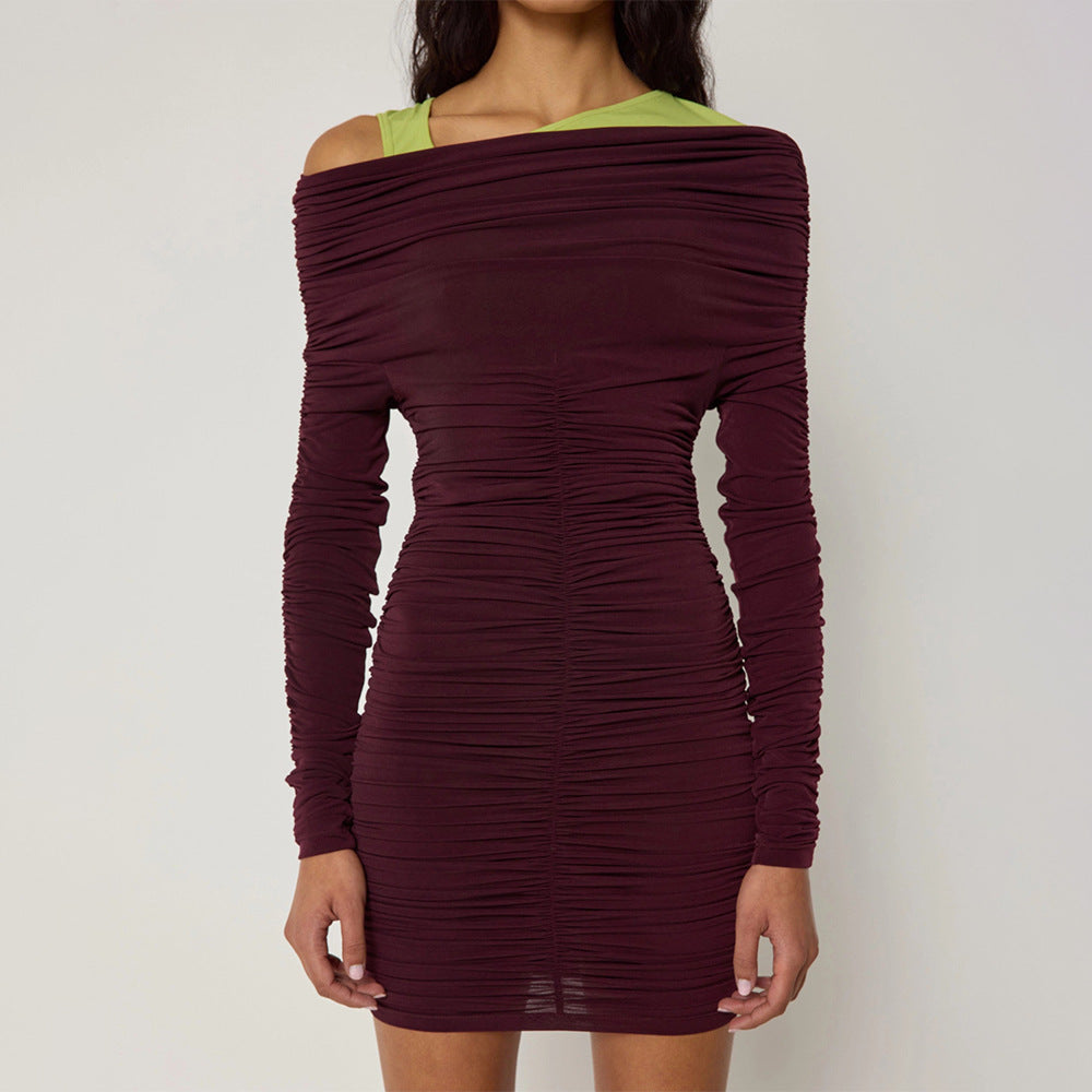 2025 New new women's clothing solid color slanted shoulder autumn and winter hip dress long sleeve pleated slim dress