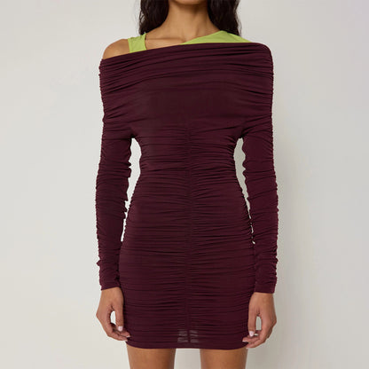 2025 New new women's clothing solid color slanted shoulder autumn and winter hip dress long sleeve pleated slim dress