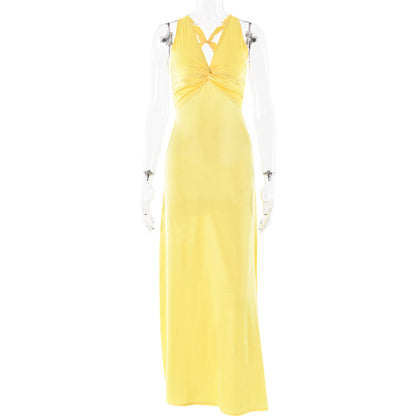 2025 New ins hot sales of new models, fashionable and sexy V-neck strap backless dress slim satin dress