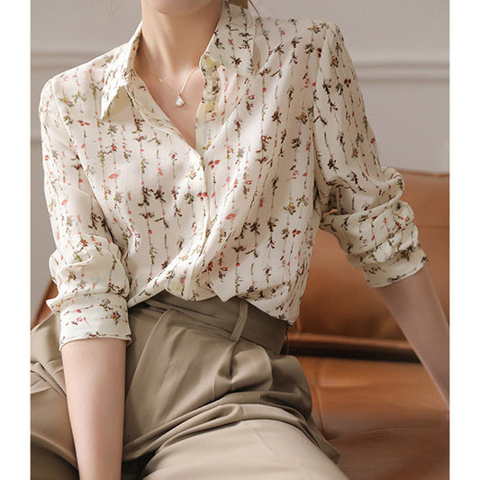 2025 Silk shirt women's  summer new printed long-sleeved mulberry silk shirt, loose Popular versatile top