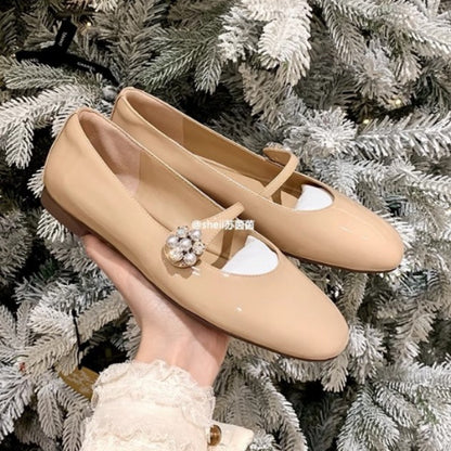 2025 Spot cowhide version~ Su Yinyin, the same flower diamond square head rhinestone buckle, flat bottom Mary Jane ballet single shoes women