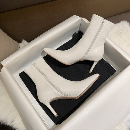2025 Boots women's popular new winter high-heeled elastic thin boots beige thin-heeled short boots women