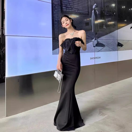 2025 black sexy bow tube top long birthday evening dress Hepburn style formal settings fishtail dress