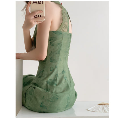 Only Green Forest/Retro White Green Improved New Chinese Cheongsam Dress Mid-Length 2025 Generation Hair