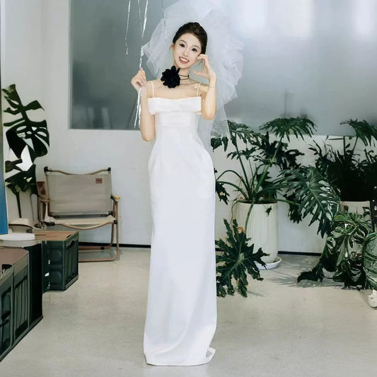 2025 white light wedding dress  fishtail suspender sleeveless wedding dress bride simple travel photography license engagement dress dress