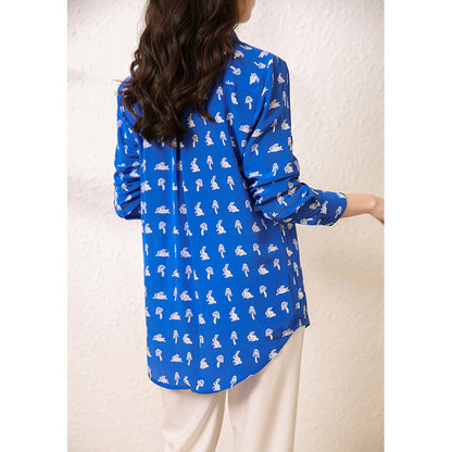 2025 Silk shirt  age reduction fresh contrasting color white rabbit printing silk shirt long sleeve silk top Hangzhou women's clothing