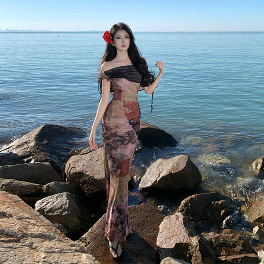 2025 New Chinese one-word shoulder mesh floral dress women's high-end sexy seaside vacation beach hip-wrapped long skirt