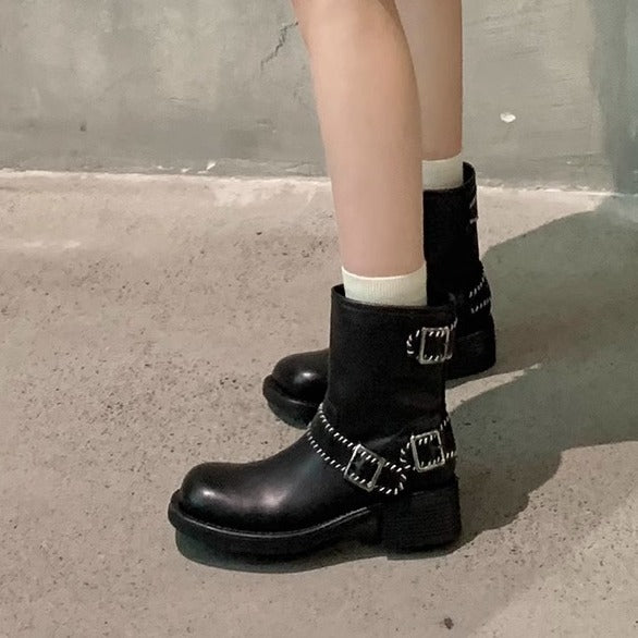2025 Cowhide version~ Grape mother has the same retro colored belt buckle, old thick heel locomotive British style round head short boots for women