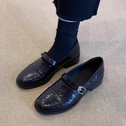 2025 Spot cowhide version~ retro minimalist style round head small leather shoes women's belt buckle Mary Jane single shoes thick heel loafers