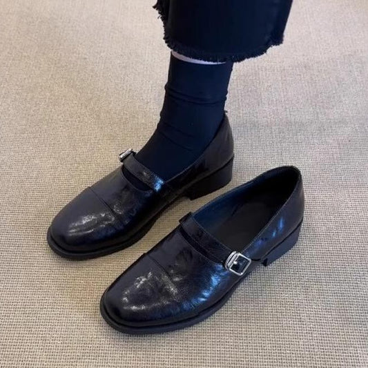 2025 Spot cowhide version~ retro minimalist style round head small leather shoes women's belt buckle Mary Jane single shoes thick heel loafers