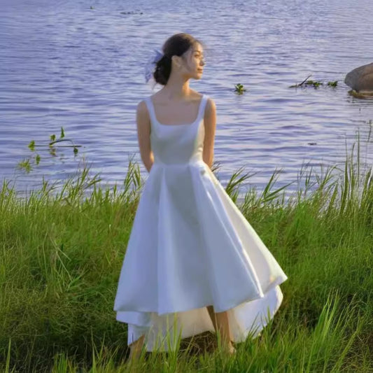 2025 light wedding dress bride simple satin suspender travel shot white short dress exterior going out yarn  spring