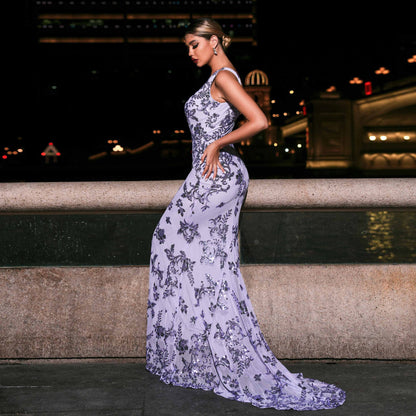 2025 sleeveless temperament V-neck sexy long sequined banquet fishtail evening dress bridesmaid dress women