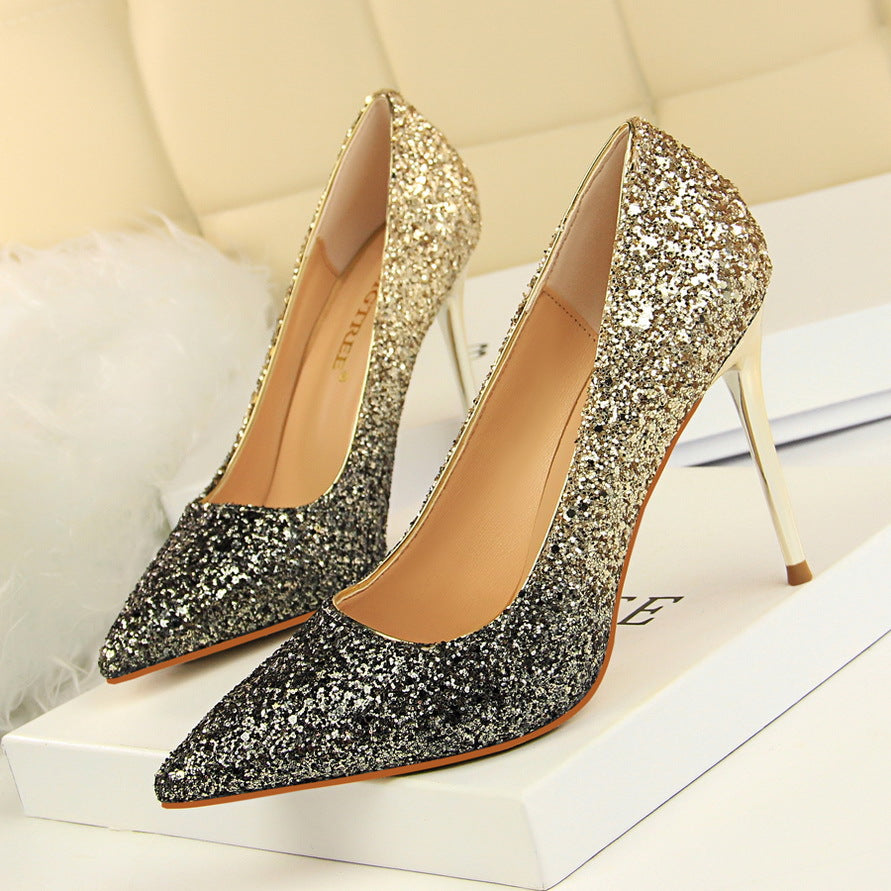 2025 9219-10  style women's shoes high heels light mouth pointed head sexy and thin nightclub color gradual change sequined single shoes