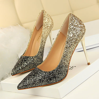 2025 9219-10  style women's shoes high heels light mouth pointed head sexy and thin nightclub color gradual change sequined single shoes