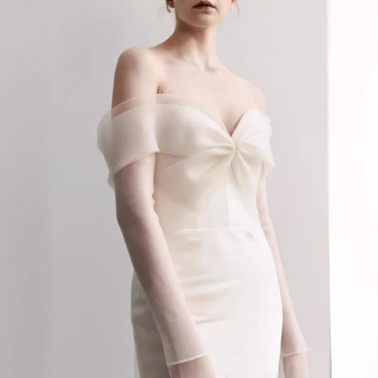 2025 one-word shoulder long-sleeved light wedding dress high-end pleated design bridal morning shot engagement dress slim fishtail dress