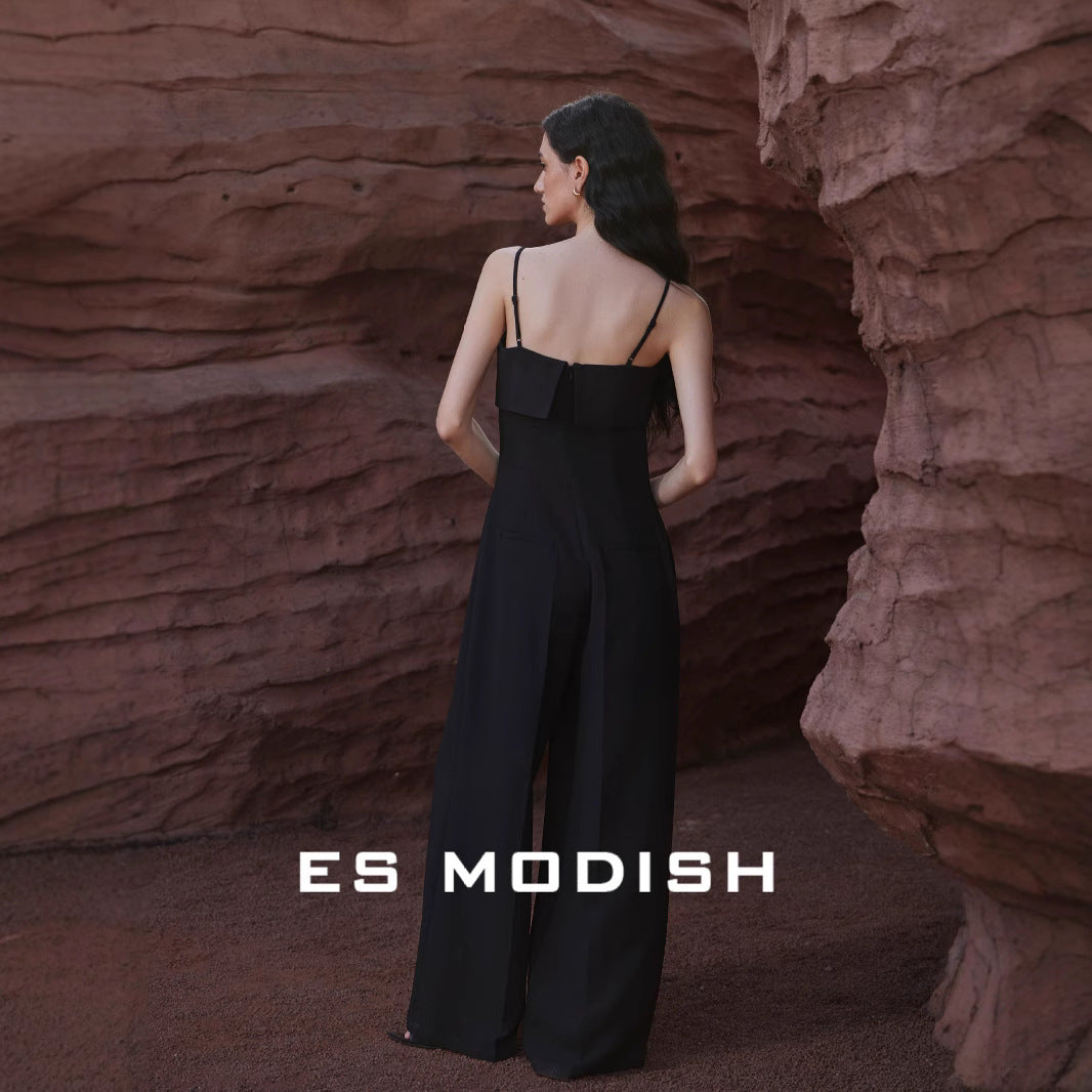 2025 ES MODISH Spring New  Retro Suspender High Waist Jumpsuit Design Sense Black Commuter Pants Women