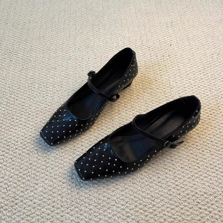 2025 Sheepskin version~ New rivet square head personalized small leather shoes women's one-word buckle low-heeled leather shallow mouth Mary Jane single shoes