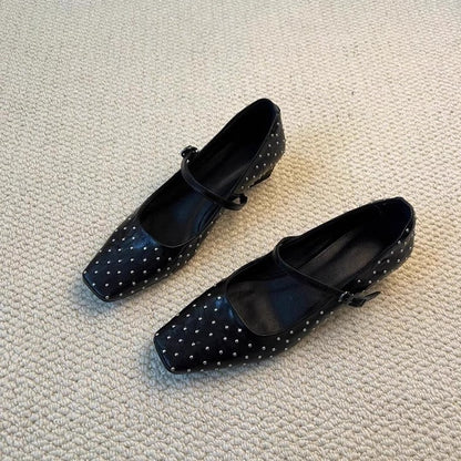 2025 Sheepskin version~ New rivet square head personalized small leather shoes women's one-word buckle low-heeled leather shallow mouth Mary Jane single shoes