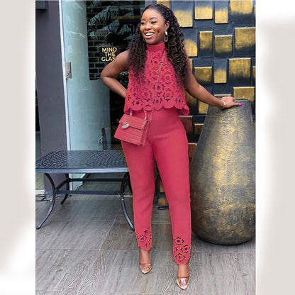 2025 Popular trade women's clothing popular new temperament sleeveless hollow top pants yellow set 2025 two-piece set