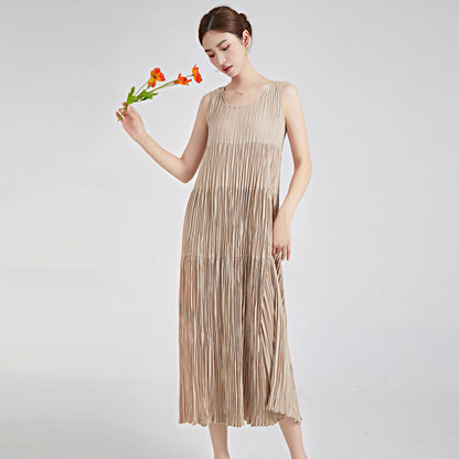 2025 Women's summer dress round neck sleeveless loose drape medium and long a-shaped skirt elegant dress skirt pleated skirt