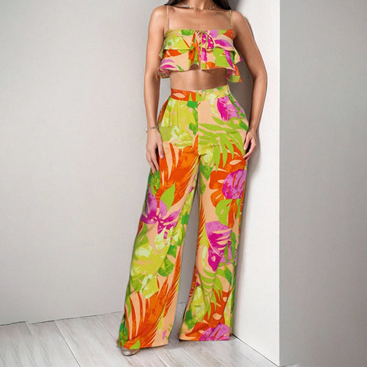 2025 2025 women's clothing 2025 spring new temperament printing casual suspender lotus leaf edge large size two-piece fashion suit