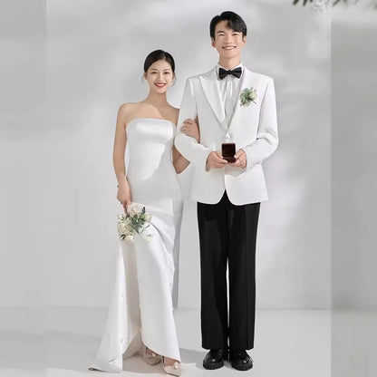 2025 tube top light wedding dress bridal travel photography simple  high-end satin door yarn fishtail dress temperament small trailing