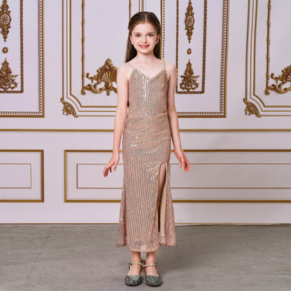 2025 catwalk princess dress model children's evening dress girls host small suspender sequins performance dress