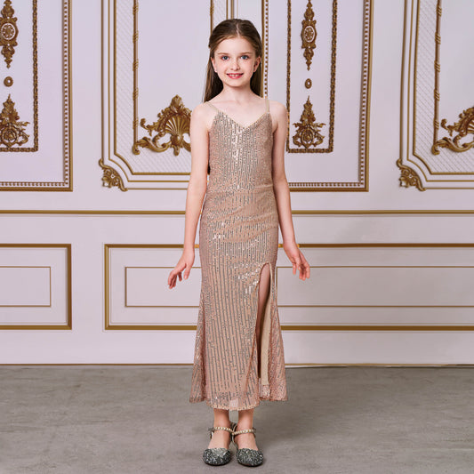 2025 catwalk princess dress model children's evening dress girls host small suspender sequins performance dress