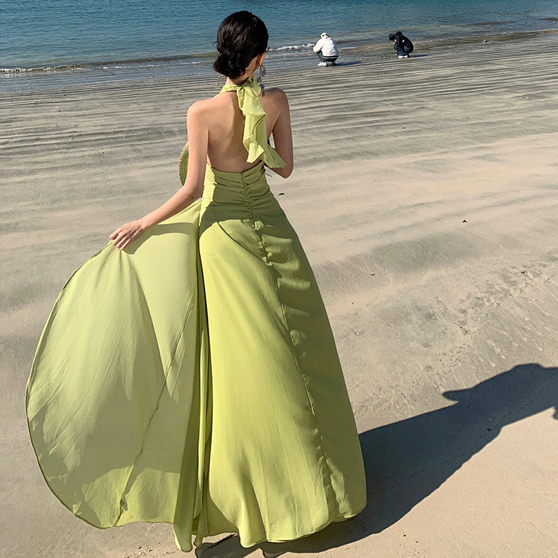 2025 Sexy Deep V-Neck Halter Neck Dress Women's Summer Dopamine Seaside Vacation Split Beach Dress