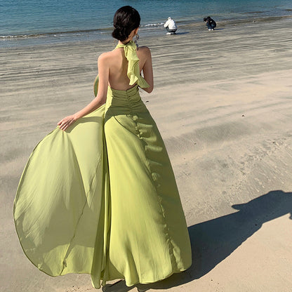 2025 Sexy Deep V-Neck Halter Neck Dress Women's Summer Dopamine Seaside Vacation Split Beach Dress