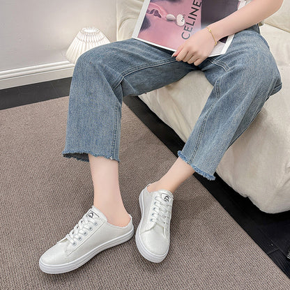 xakxx Spring and Autumn New Canvas Shoes Female Students Half Slippers Slip-on Lofter Versatile Breathable Casual White Shoes Fashion