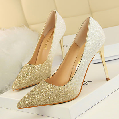 2025 9219-10  style women's shoes high heels light mouth pointed head sexy and thin nightclub color gradual change sequined single shoes