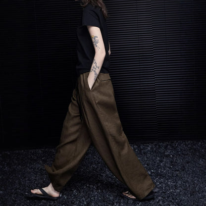 2025 Coffee casual linen wide-leg pants women's  spring new simple and versatile relaxation lazy wind