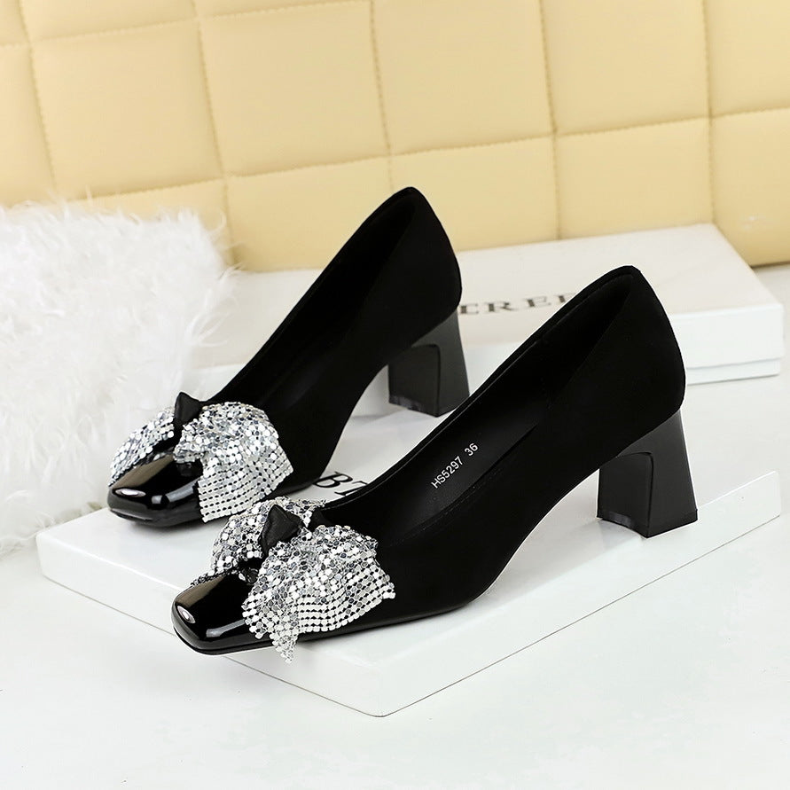 2025 5297-H65 sequined bow square head light mouth  style medium heel single shoes suede thick heel professional commuter women's shoes