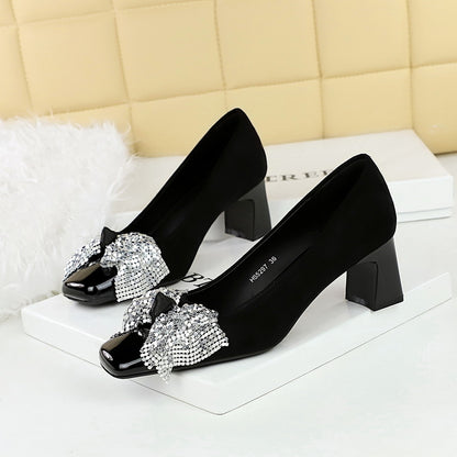 2025 5297-H65 sequined bow square head light mouth  style medium heel single shoes suede thick heel professional commuter women's shoes