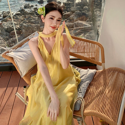 2025 Island beautiful atmosphere holiday style  streamer dress girl high sense loose meat holiday dress