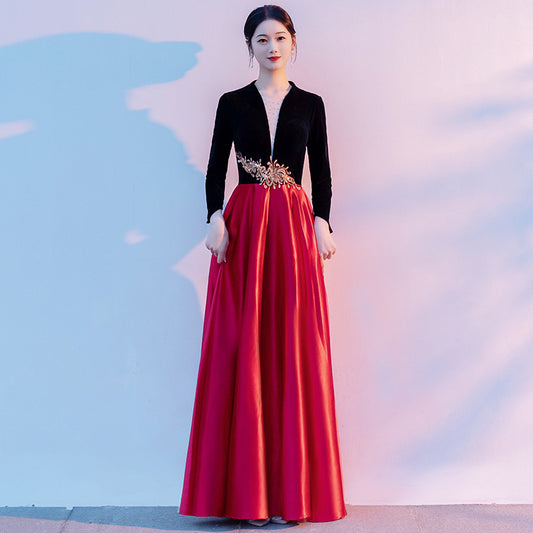 2025 Big choir performance costume female long dress host conductor evening dress poetry recitation red song black and red splicing costume