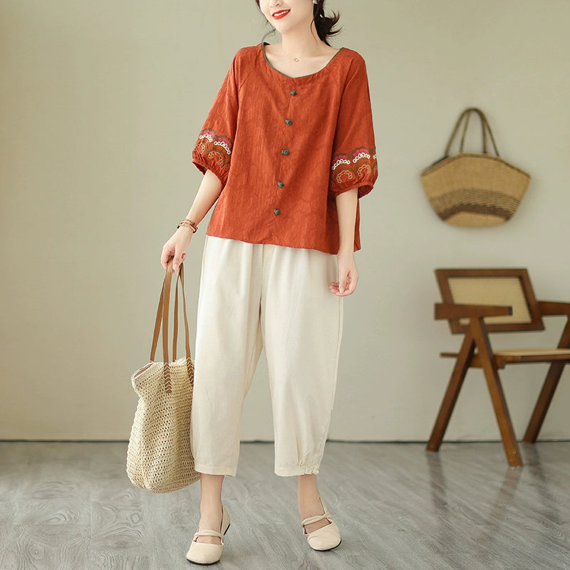 Young mother fashion suit jacquard loose literary button top ramie nine-point Harlan pants casual two-piece set