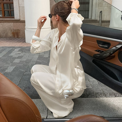 XAKXX 2025Autumn and winter fashion casual suit 2025 versatile satin matte temperament apricot lapel high waist trousers two-piece set