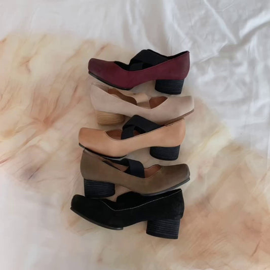 2025 Cowhide version~ Pig nose square head temperament versatile retro Mary Jane shoes cross strap thick heel ballet shoes women's single shoes