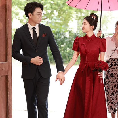 2025 New Chinese toast popular new bridal return dress burgundy engagement dress women's show clothes