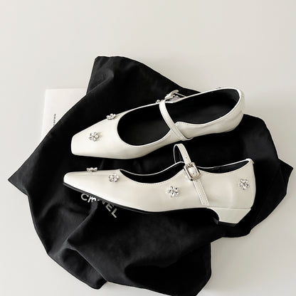 2025 Sheepskin version~  rhinestone flower one-word buckle light mouth thick heel single shoes women's gentle temperament square head Mary Jane shoes