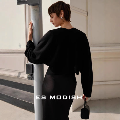 2025 ES MODISH Spring New Product Tencel Sleeve Outer Shawl Knitted Cardigan Celebrity Short Back V-Neck Jacket
