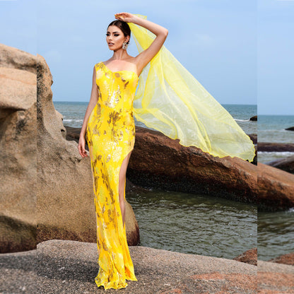 2025 sleeveless temperament single shoulder sexy slim long sequined banquet evening dress bridesmaid dress women