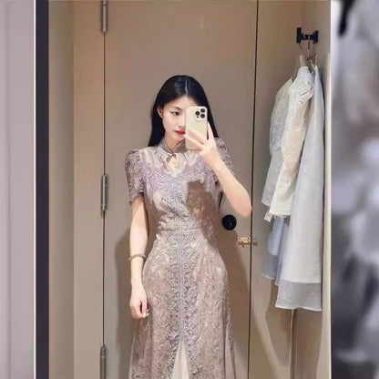 [Golden Girl] 2025 Summer New Chinese Style Cheongsam Style Temperament Slimming Lace Dress 23215